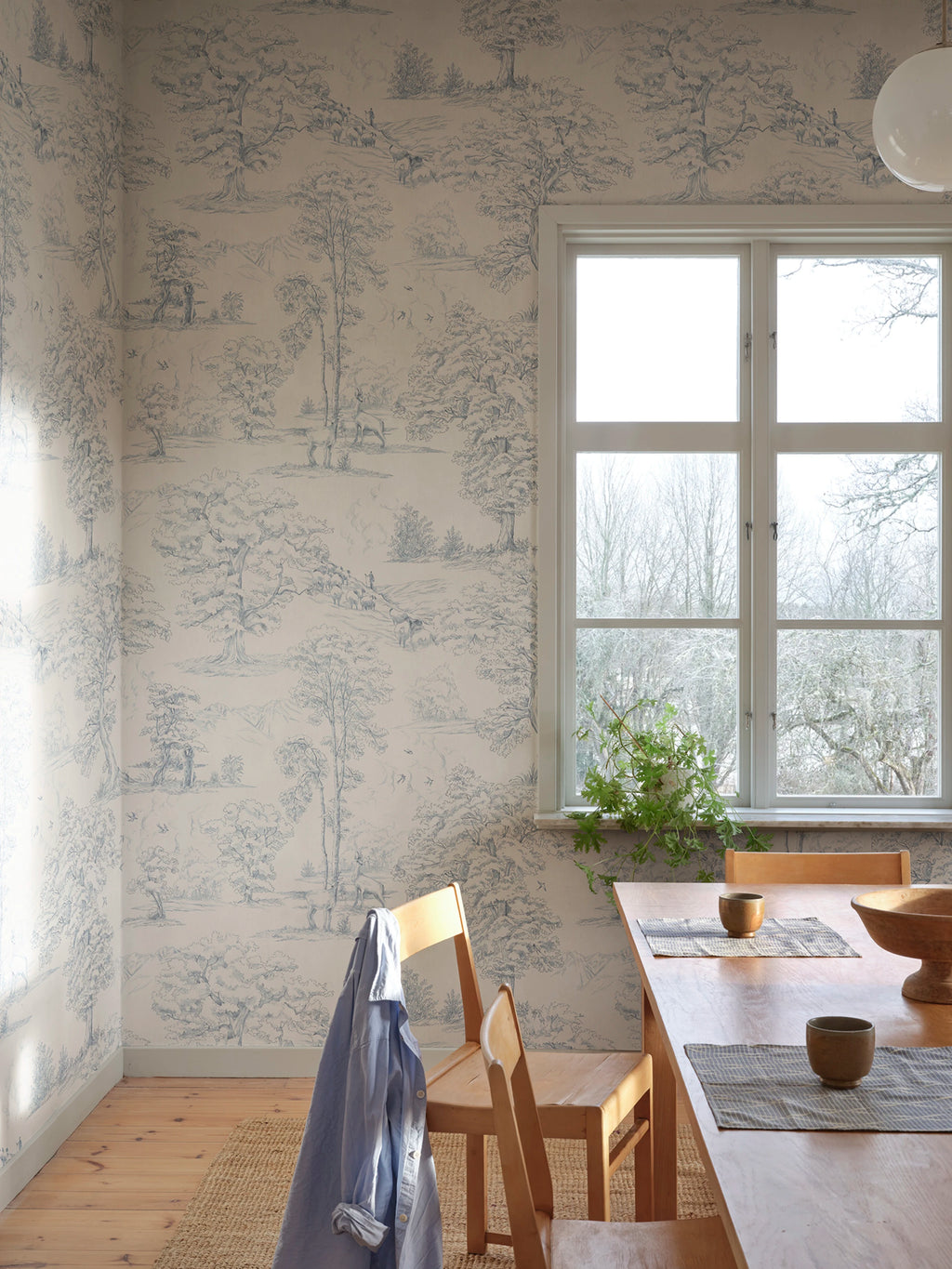 Montfort Mural wall mural by Sandberg – forest & woodland design, Blue – styled in a room setting