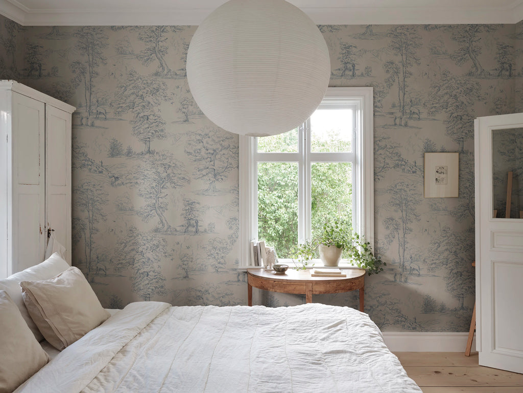 Montfort Mural wall mural by Sandberg – forest & woodland design, Blue – styled in a room setting, view 2