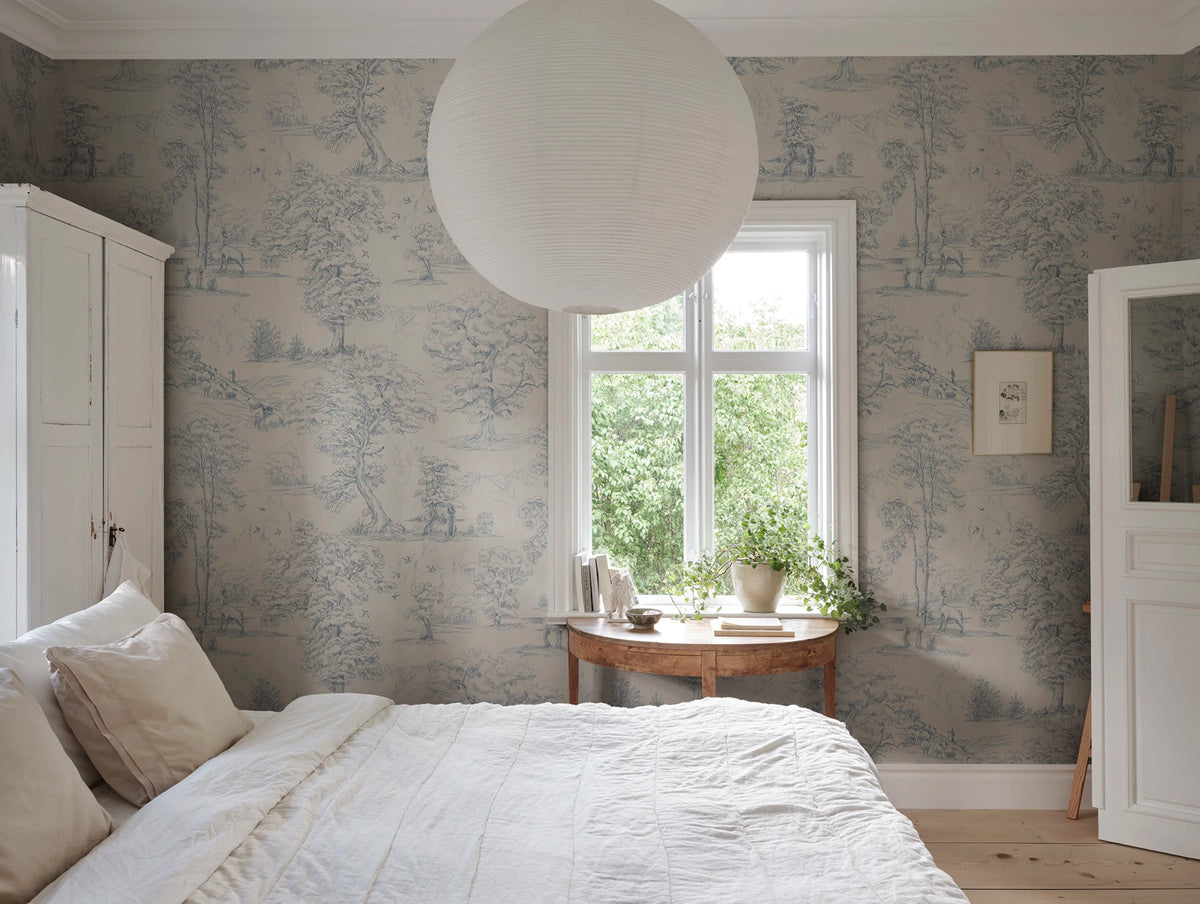 Montfort Mural wall mural by Sandberg – forest & woodland design, Blue – styled in a room setting, view 2