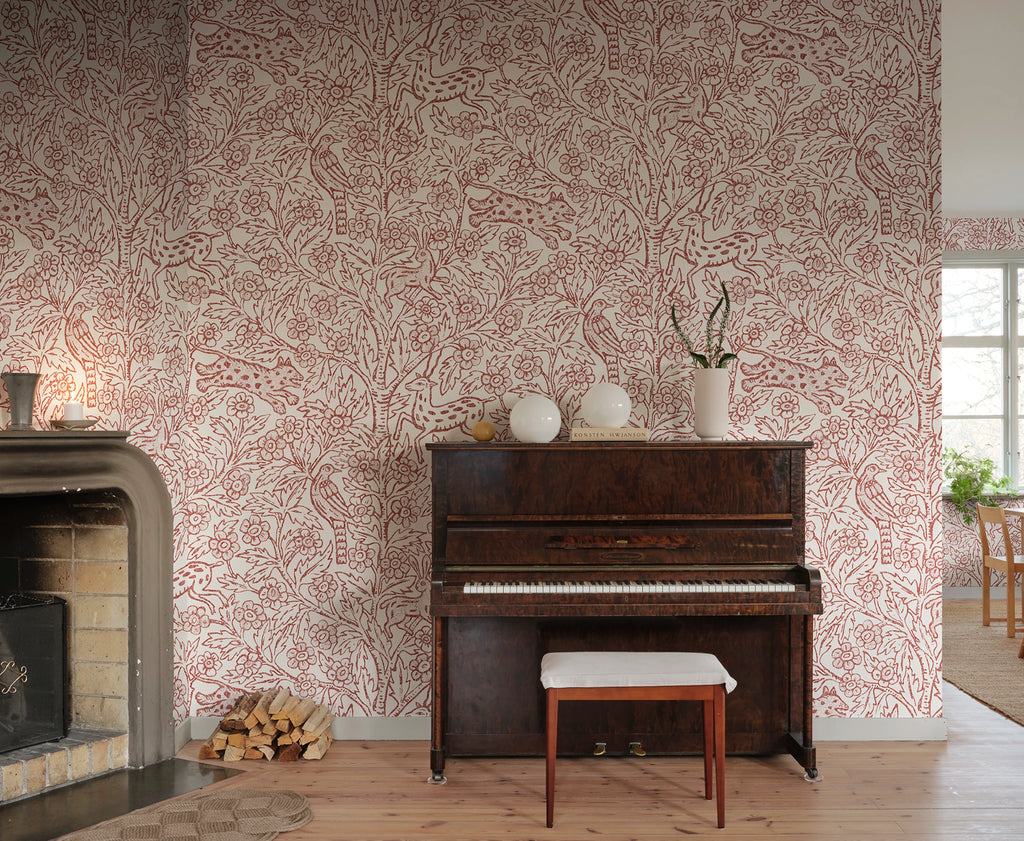 Eden Mural wall mural by Sandberg – animals design, Red – styled in a room setting, view 6