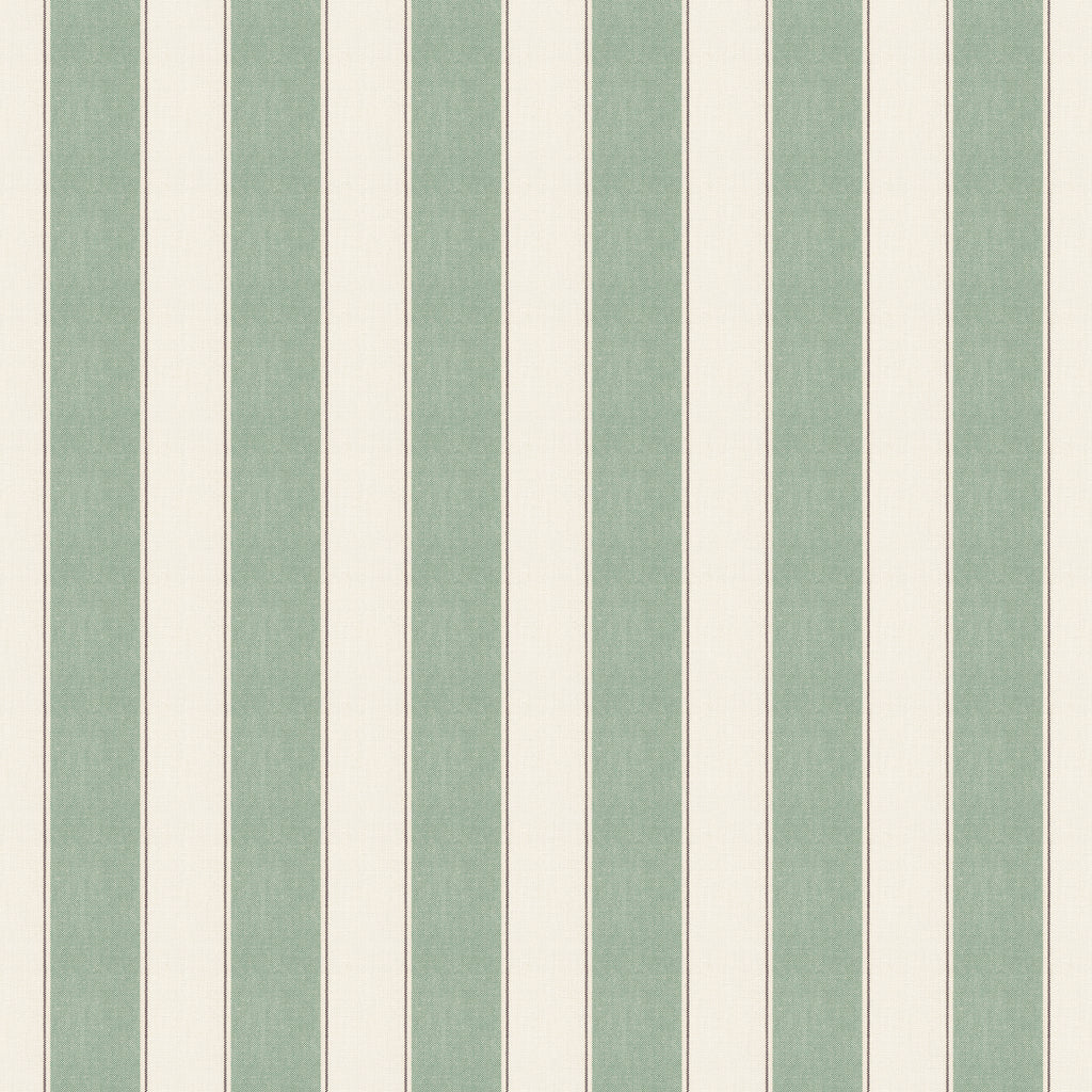 Henrik wallpaper by Sandberg, flat swatch of broad sage-green and cream ticking stripes with fine red pinstripe