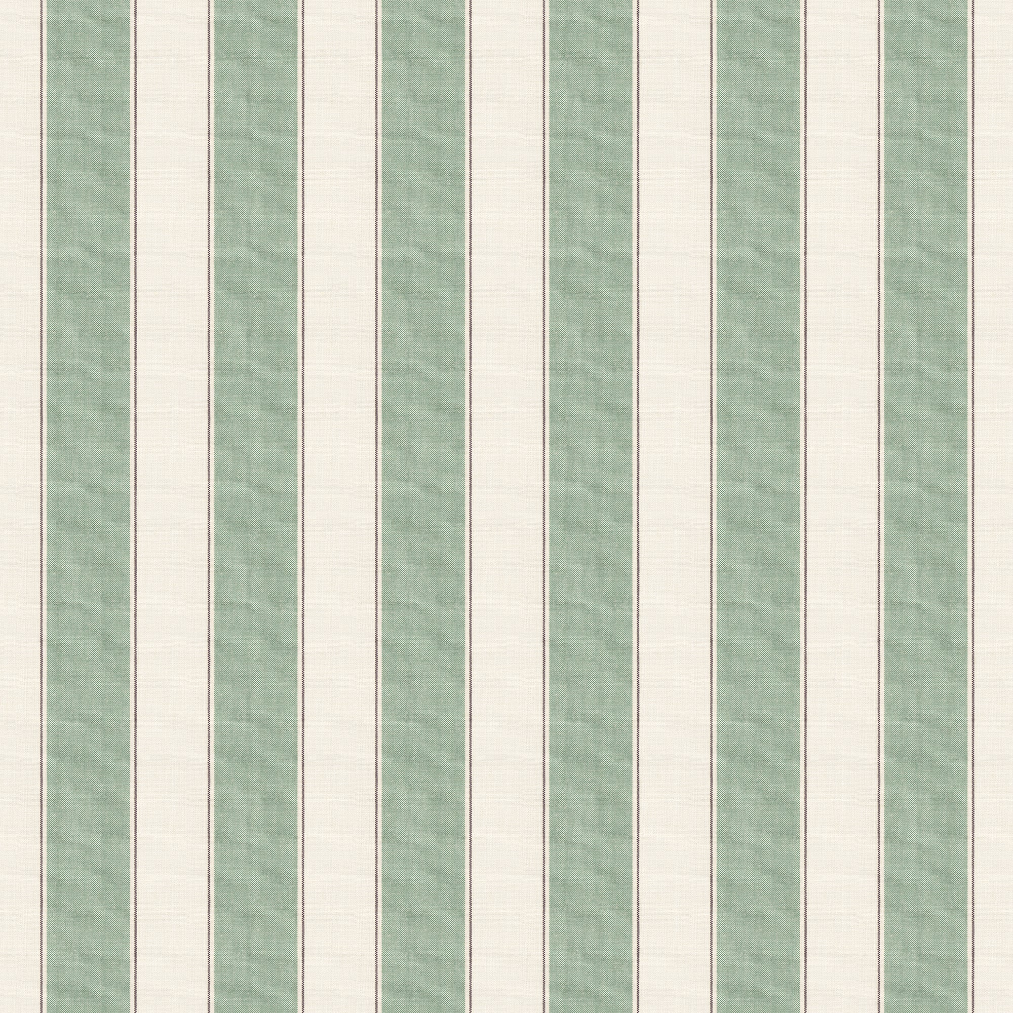 Henrik wallpaper by Sandberg, flat swatch of broad sage-green and cream ticking stripes with fine red pinstripe