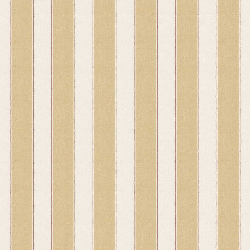 Henrik wallpaper by Sandberg, flat swatch of soft gold and cream ticking stripes with fine red accent line