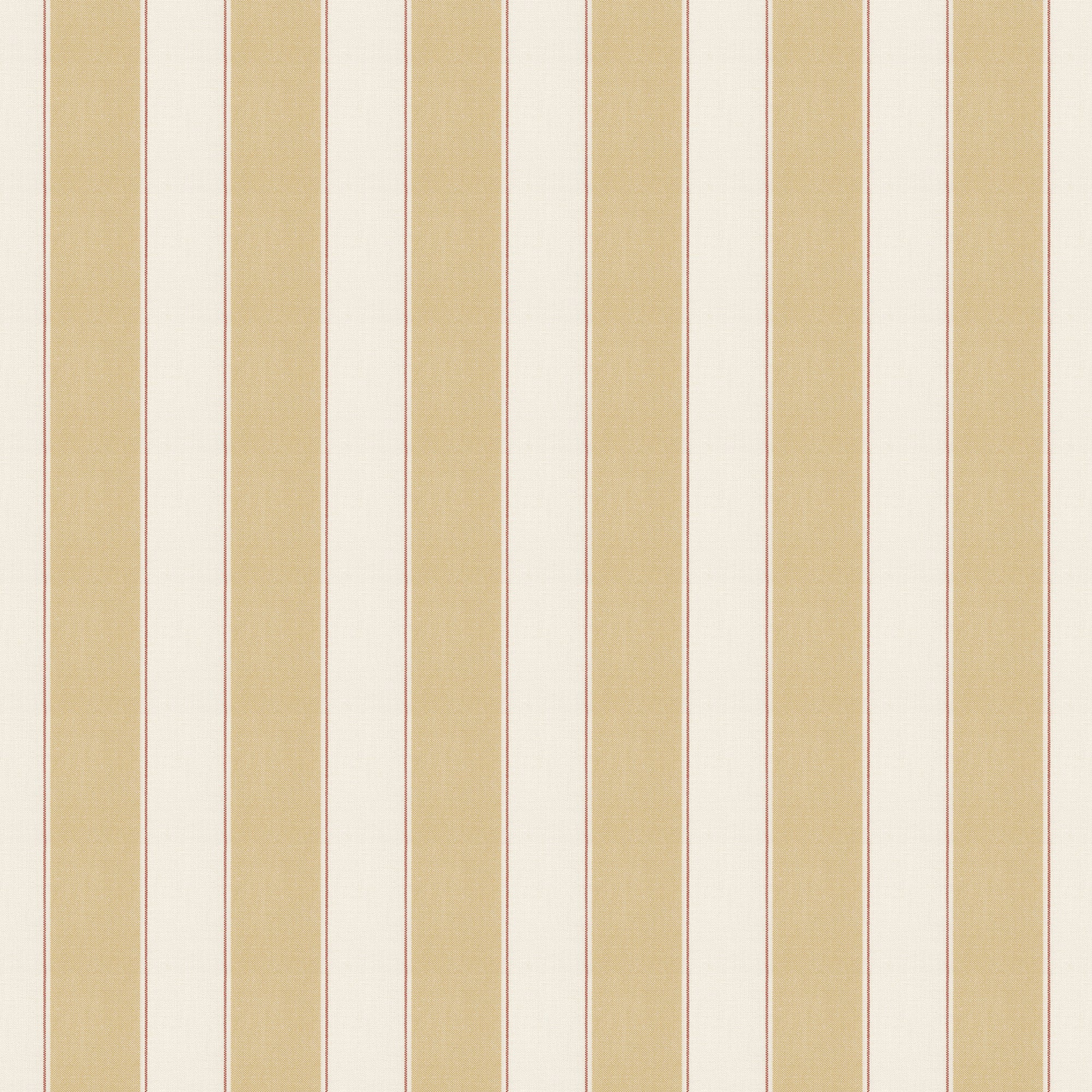 Henrik wallpaper by Sandberg, flat swatch of soft gold and cream ticking stripes with fine red accent line