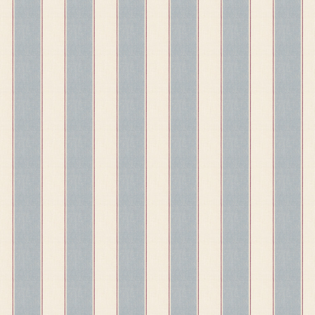 Henrik wallpaper by Sandberg, flat swatch of soft blue and cream ticking stripes with thin red accent line