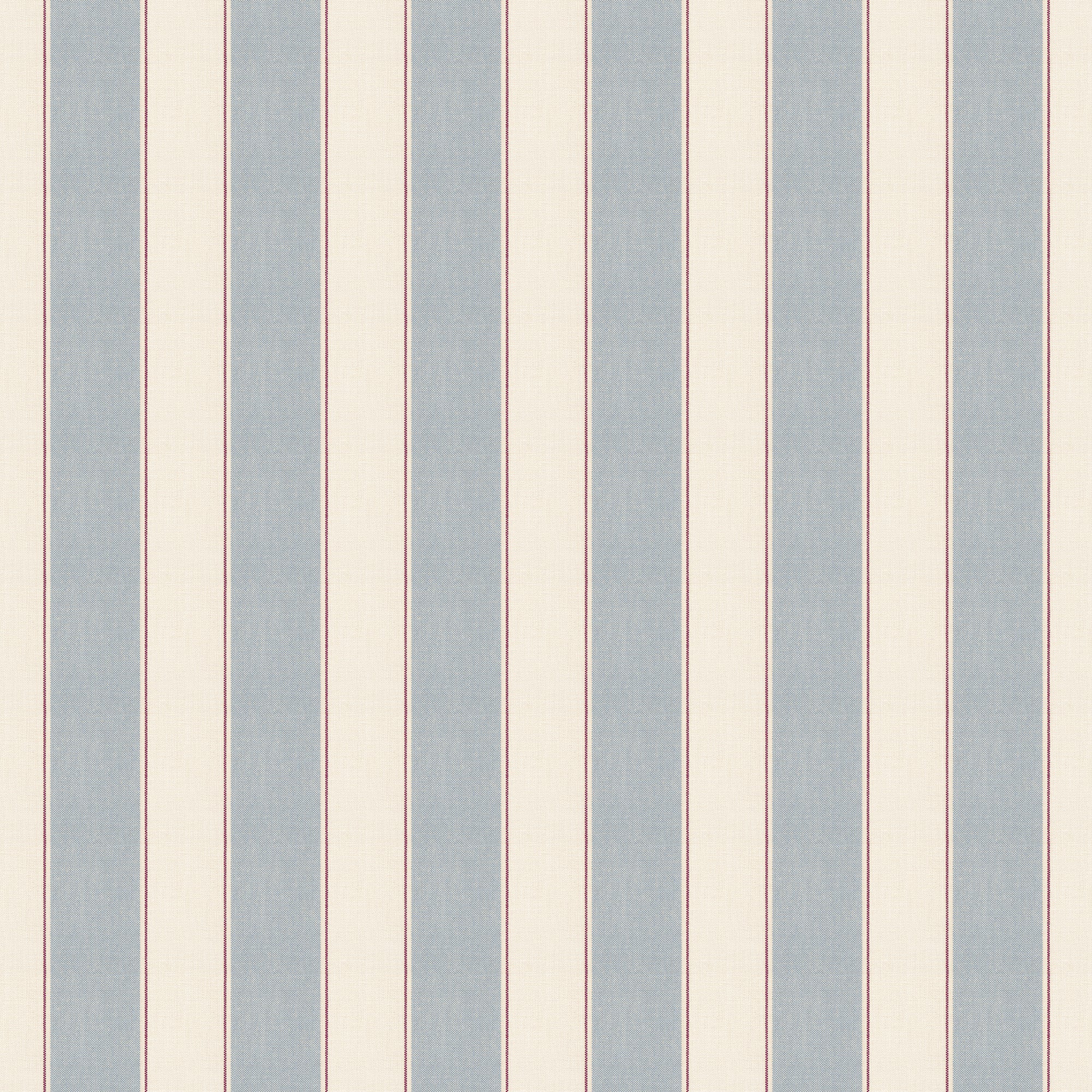 Henrik wallpaper by Sandberg, flat swatch of soft blue and cream ticking stripes with thin red accent line