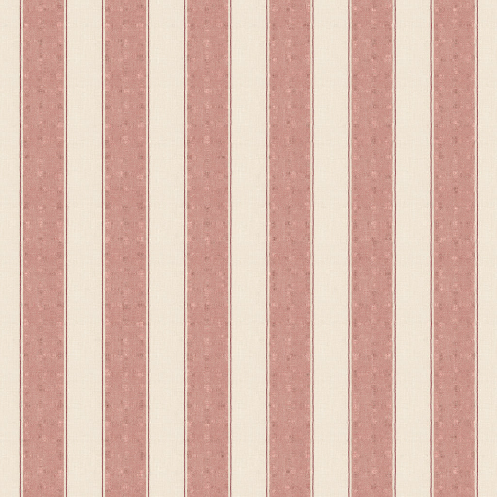 Henrik wallpaper by Sandberg, flat swatch of dusky-pink and cream ticking stripes with slim red pinstripe