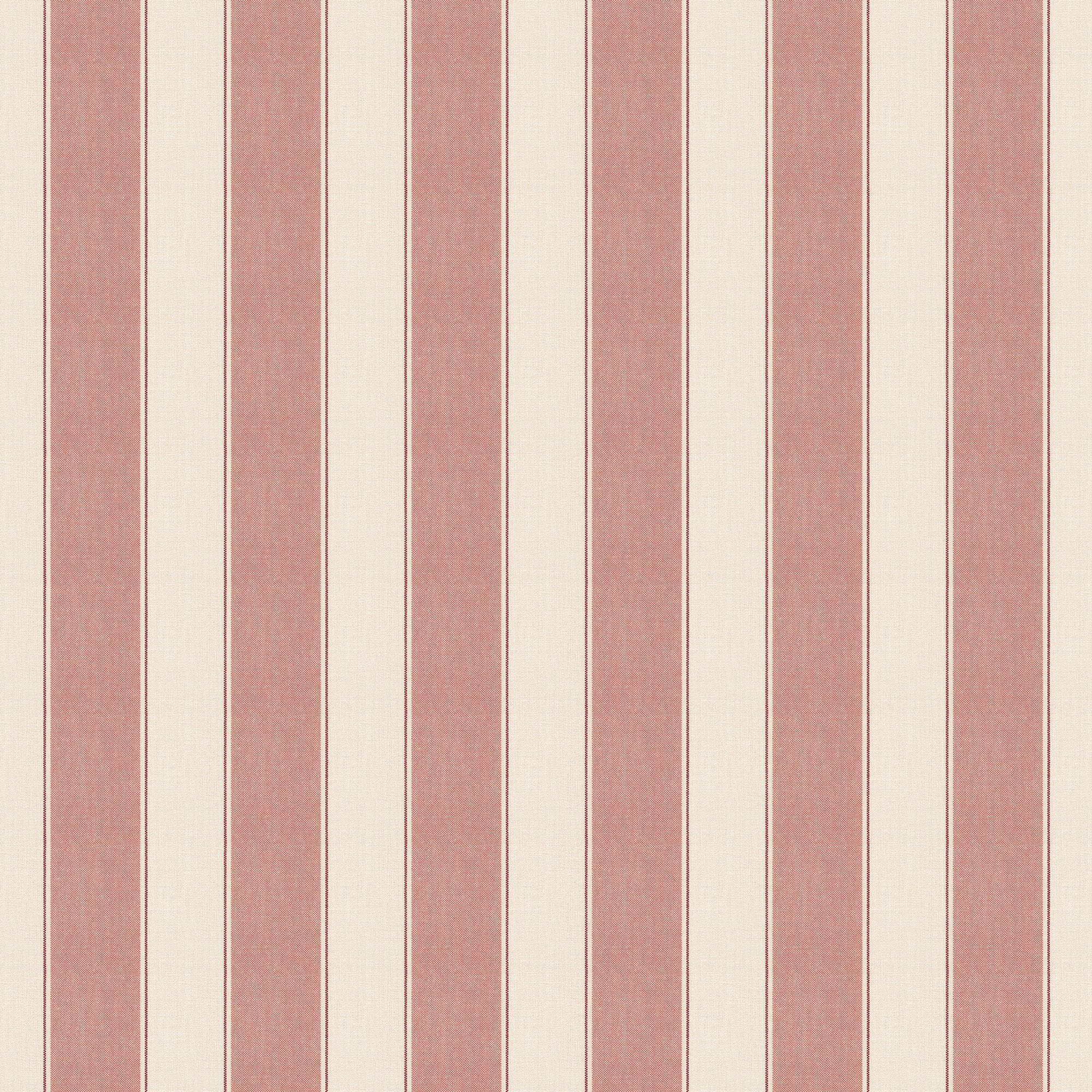 Henrik wallpaper by Sandberg, flat swatch of dusky-pink and cream ticking stripes with slim red pinstripe