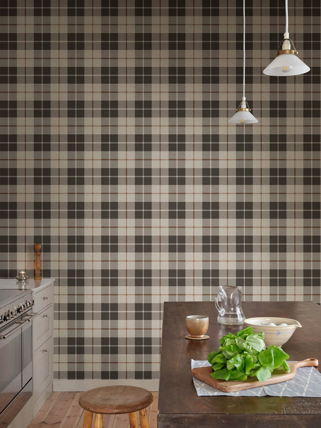 Ranold wallpaper by Sandberg – geometric design, Charcoal, styled on an interior wall