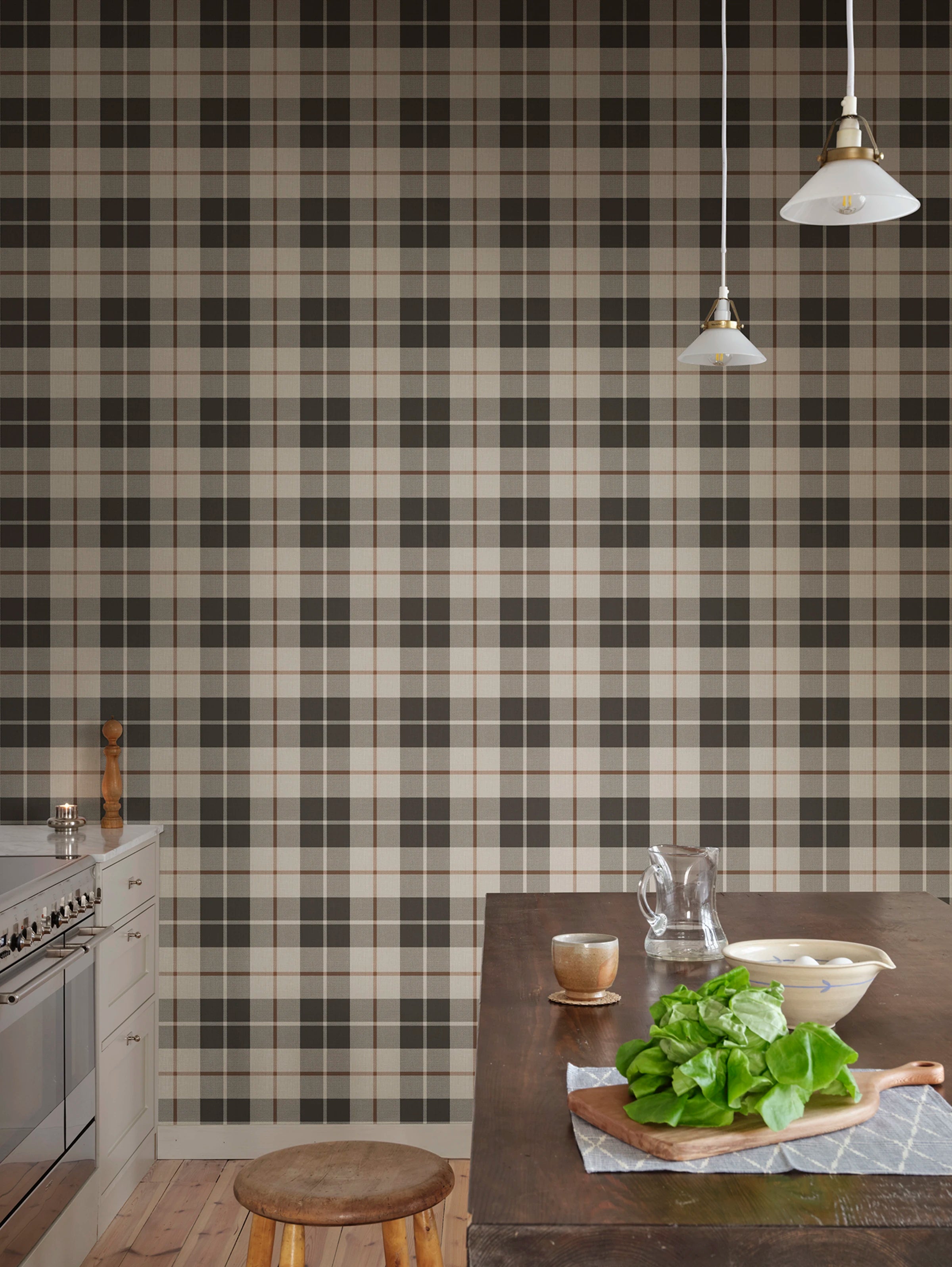 Ranold wallpaper by Sandberg – geometric design, Charcoal, styled on an interior wall