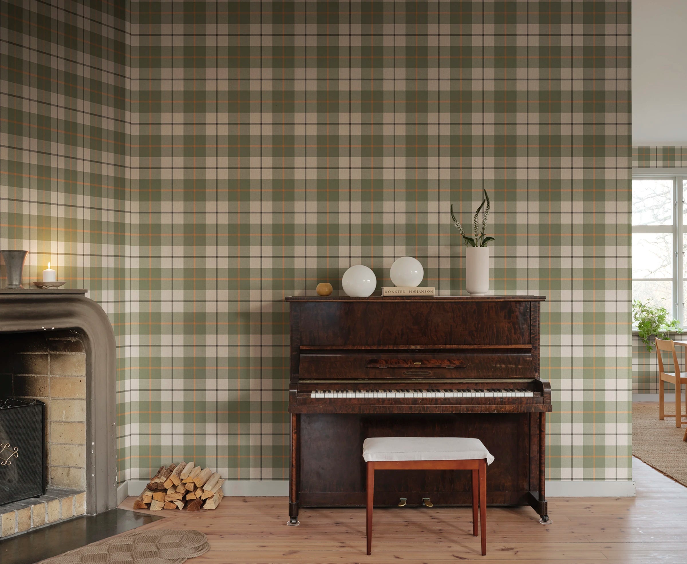 Ranold wallpaper by Sandberg – geometric design, Green, styled on an interior wall