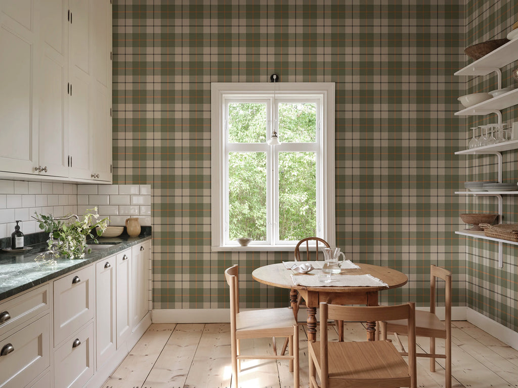 Ranold wallpaper by Sandberg – geometric design, Green, styled in a second room setting