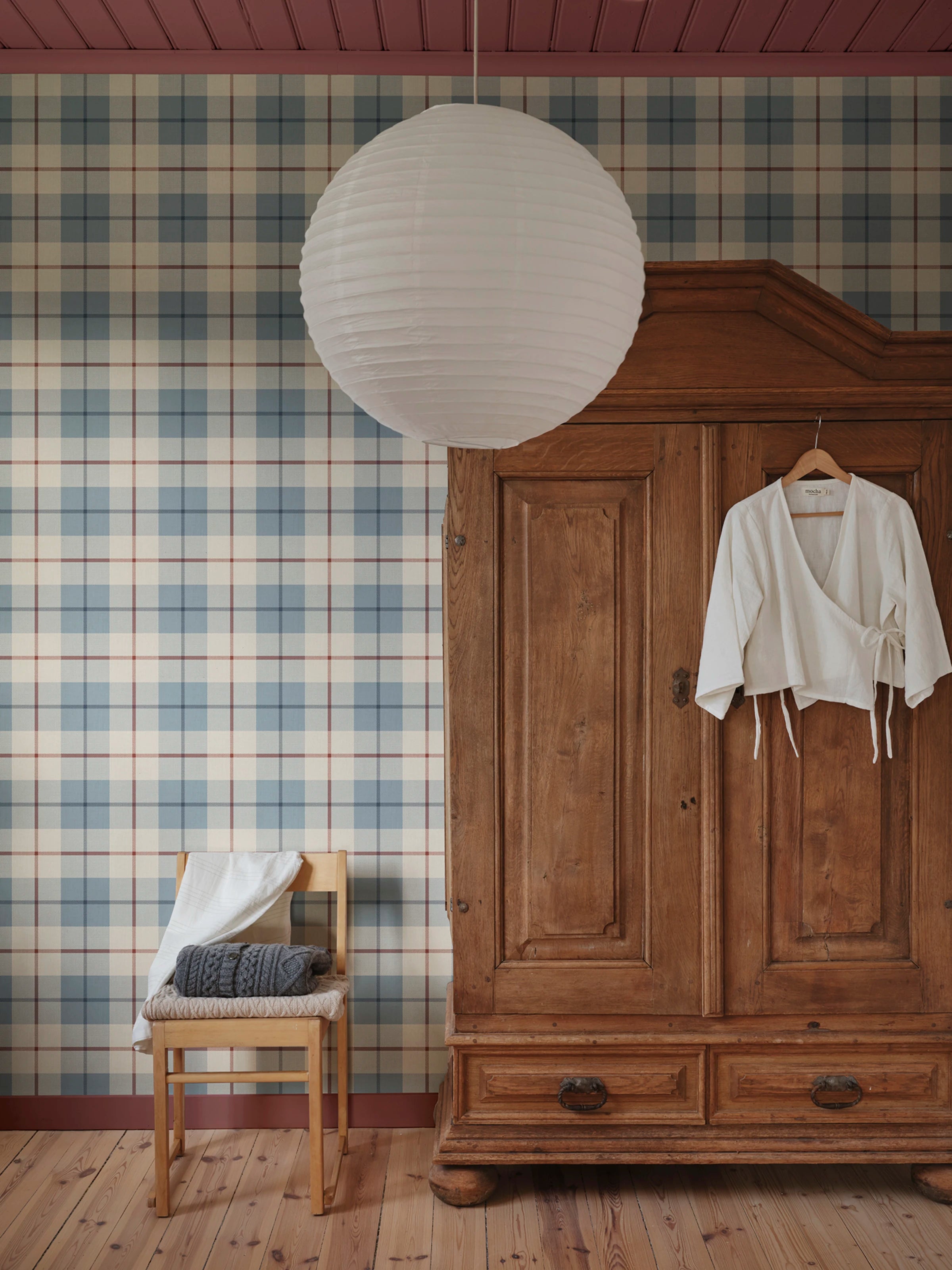Ranold wallpaper by Sandberg – geometric design, Light Blue, styled on an interior wall