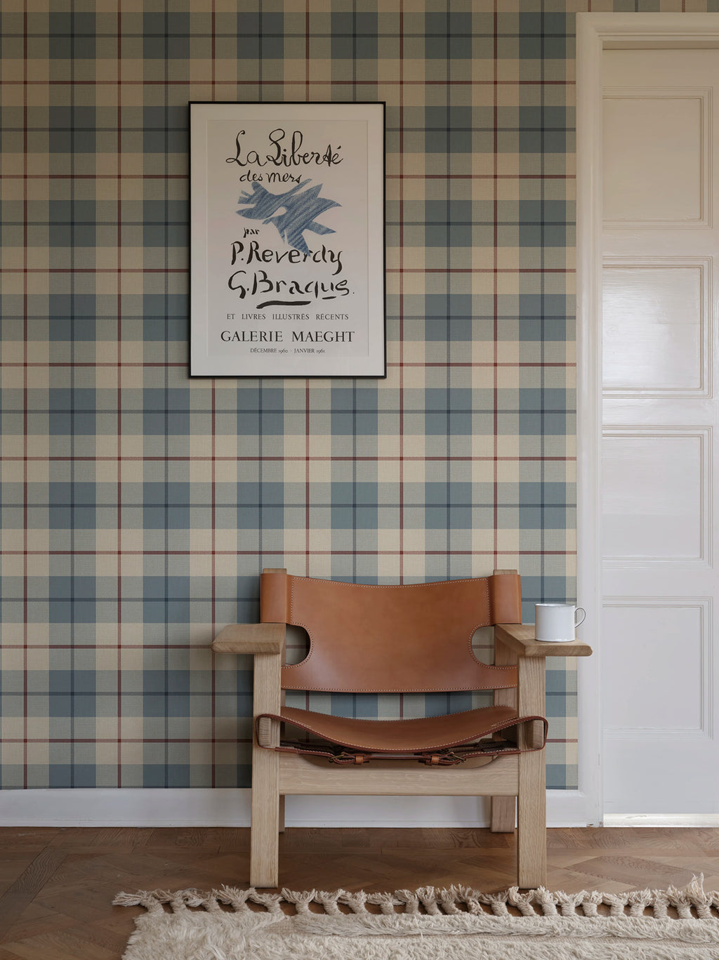 Ranold wallpaper by Sandberg – geometric design, Light Blue, styled in a second room setting