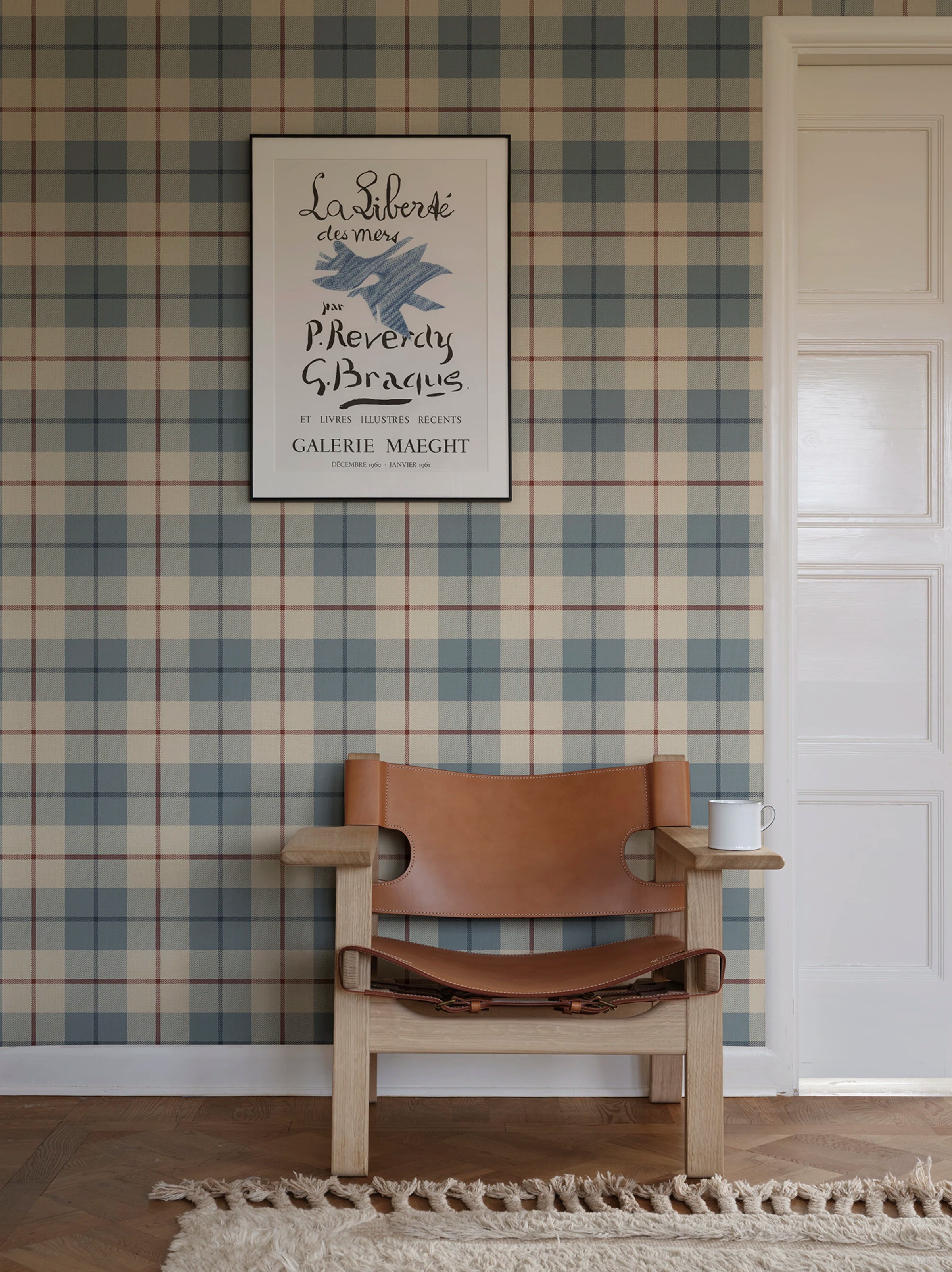Ranold wallpaper by Sandberg – geometric design, Light Blue, styled in a second room setting