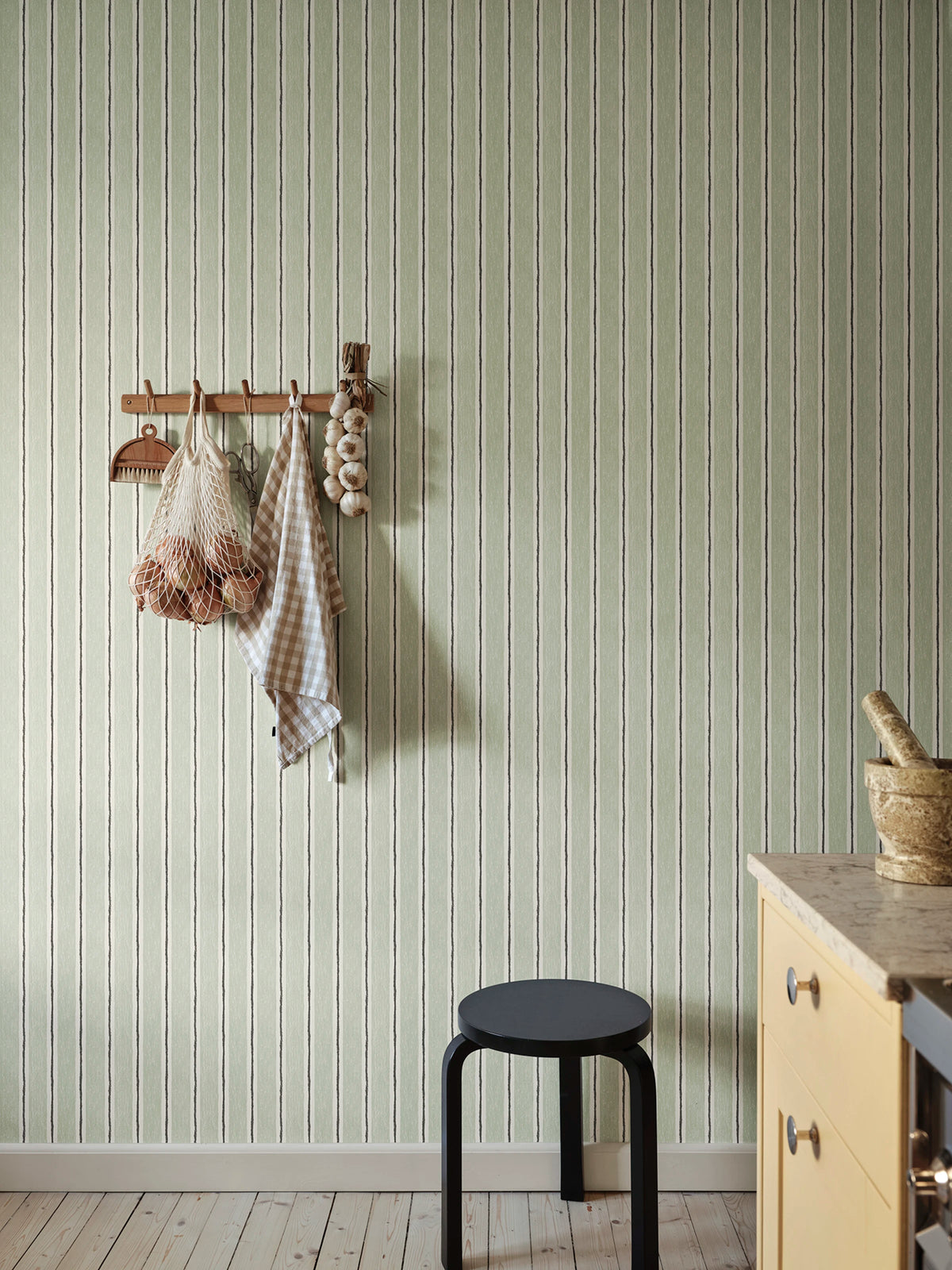Albin wallpaper by Sandberg – stripe design, Light Green – styled in a room setting, view 8