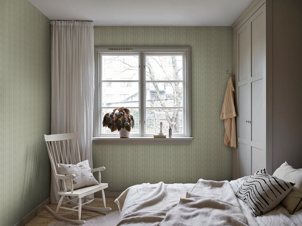 Albin wallpaper by Sandberg – stripe design, Light Green – styled in a room setting, view 9