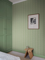 Albin wallpaper by Sandberg – stripe design, Green – Dark Green – styled in a room setting, view 6