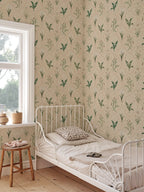 Louise wallpaper by Sandberg – Green colourway, styled on an interior wall