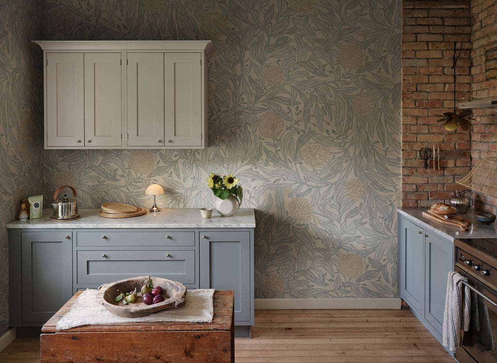 Olof Mural wall mural by Sandberg in Misty Blue, styled on an interior wall