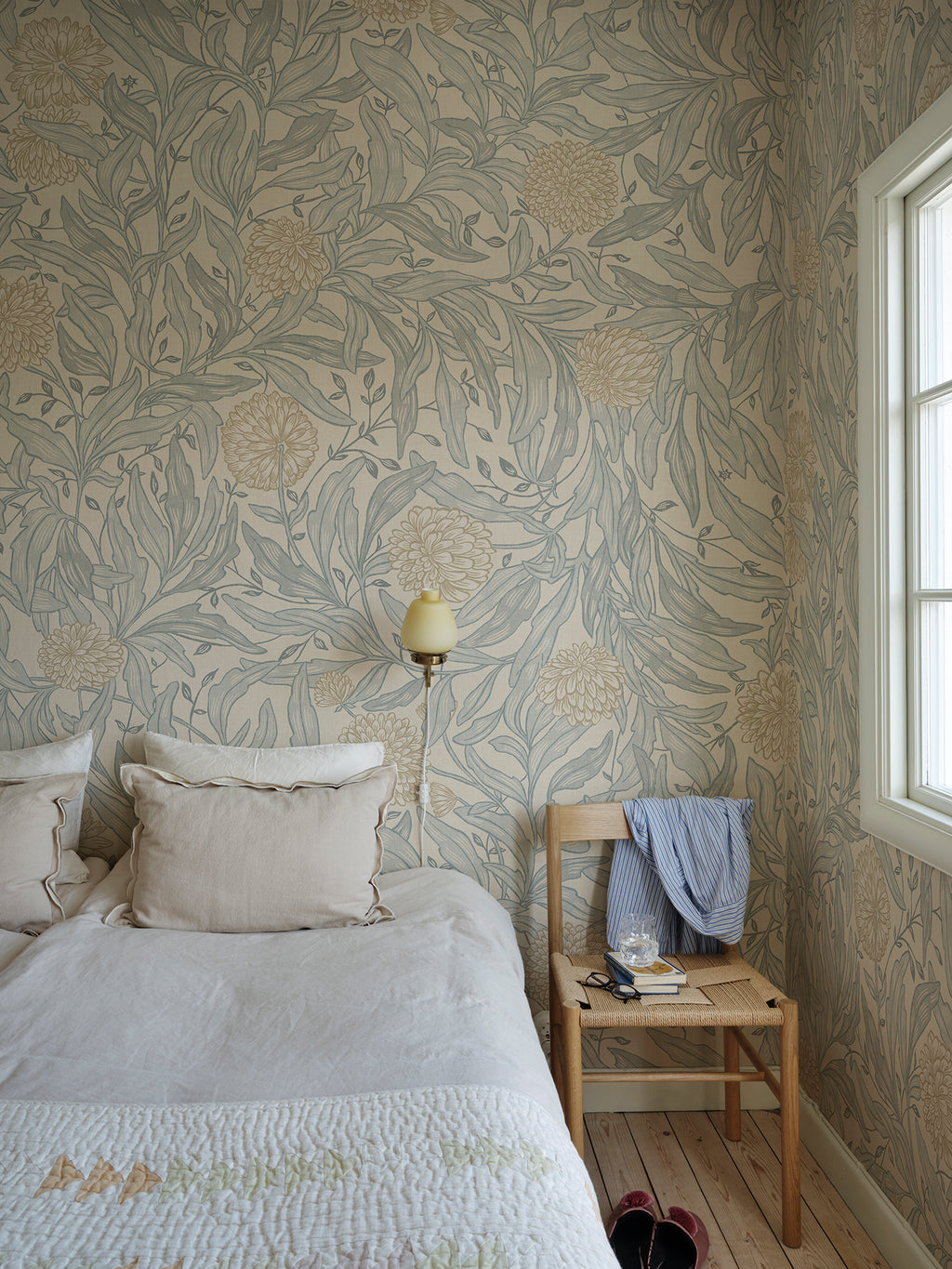 Olof Mural wall mural by Sandberg in Misty Blue, styled in a room, view 2