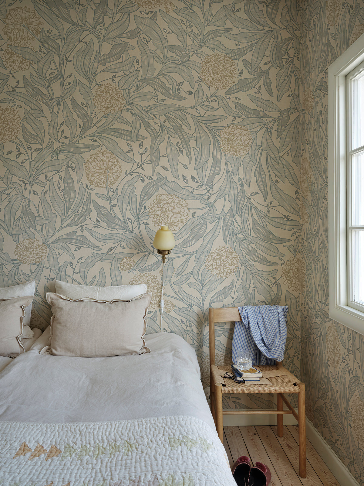 Olof Mural wall mural by Sandberg in Misty Blue, styled in a room, view 2