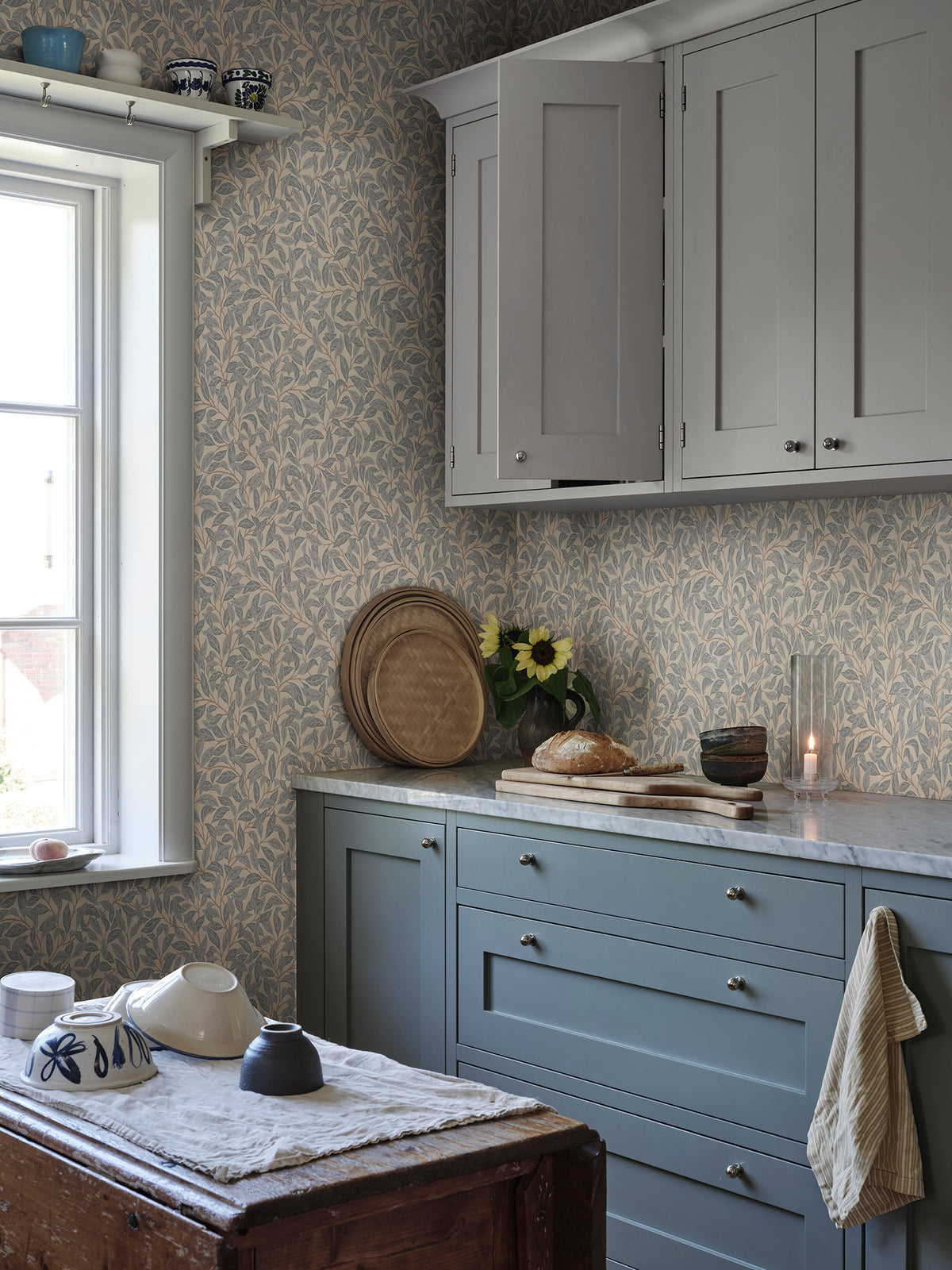 Jonas wallpaper by Sandberg in Misty Blue, styled in a room, view 2