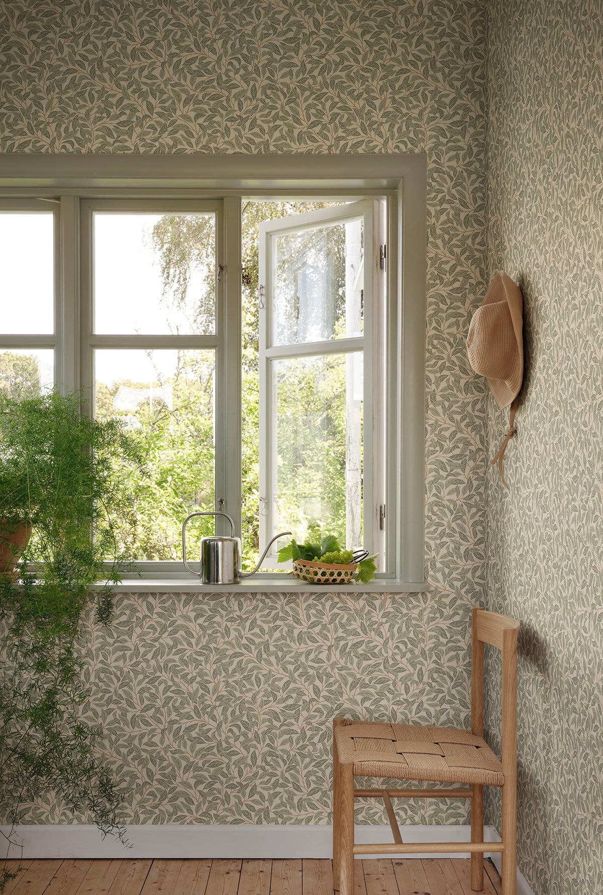 Jonas wallpaper by Sandberg in Garden Green, styled in a room, view 2