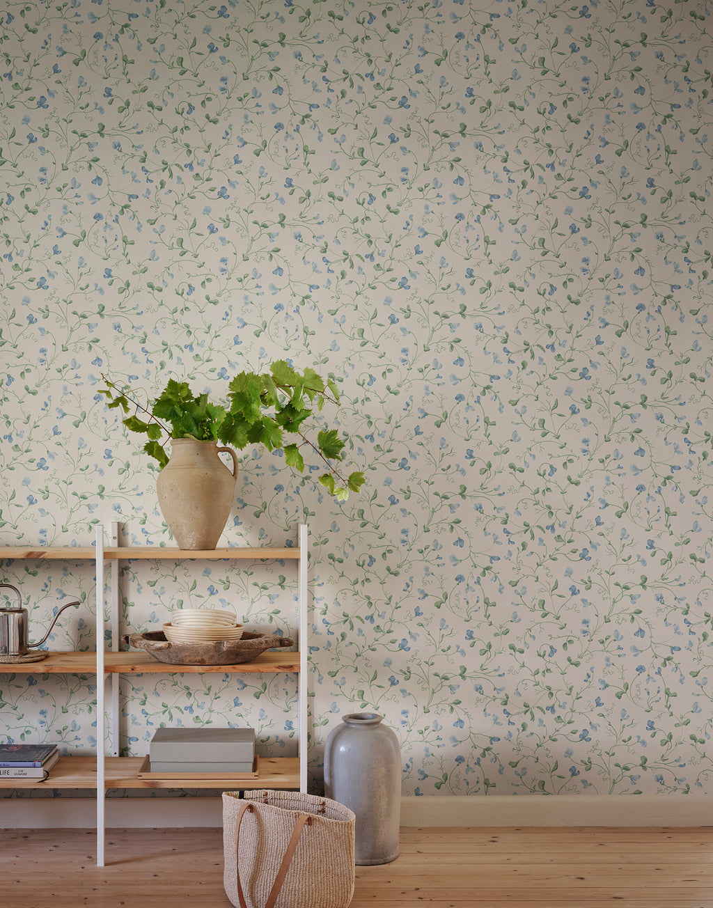 Lucy wallpaper by Sandberg in Sky Blue, styled in a room, view 2