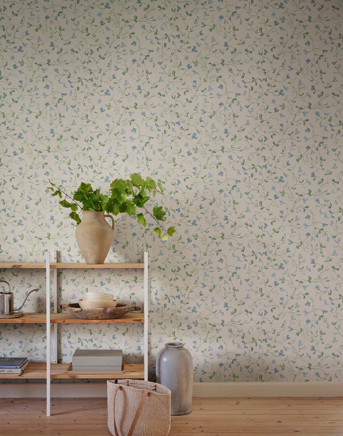 Lucy wallpaper by Sandberg in Sky Blue, styled in a room, view 2