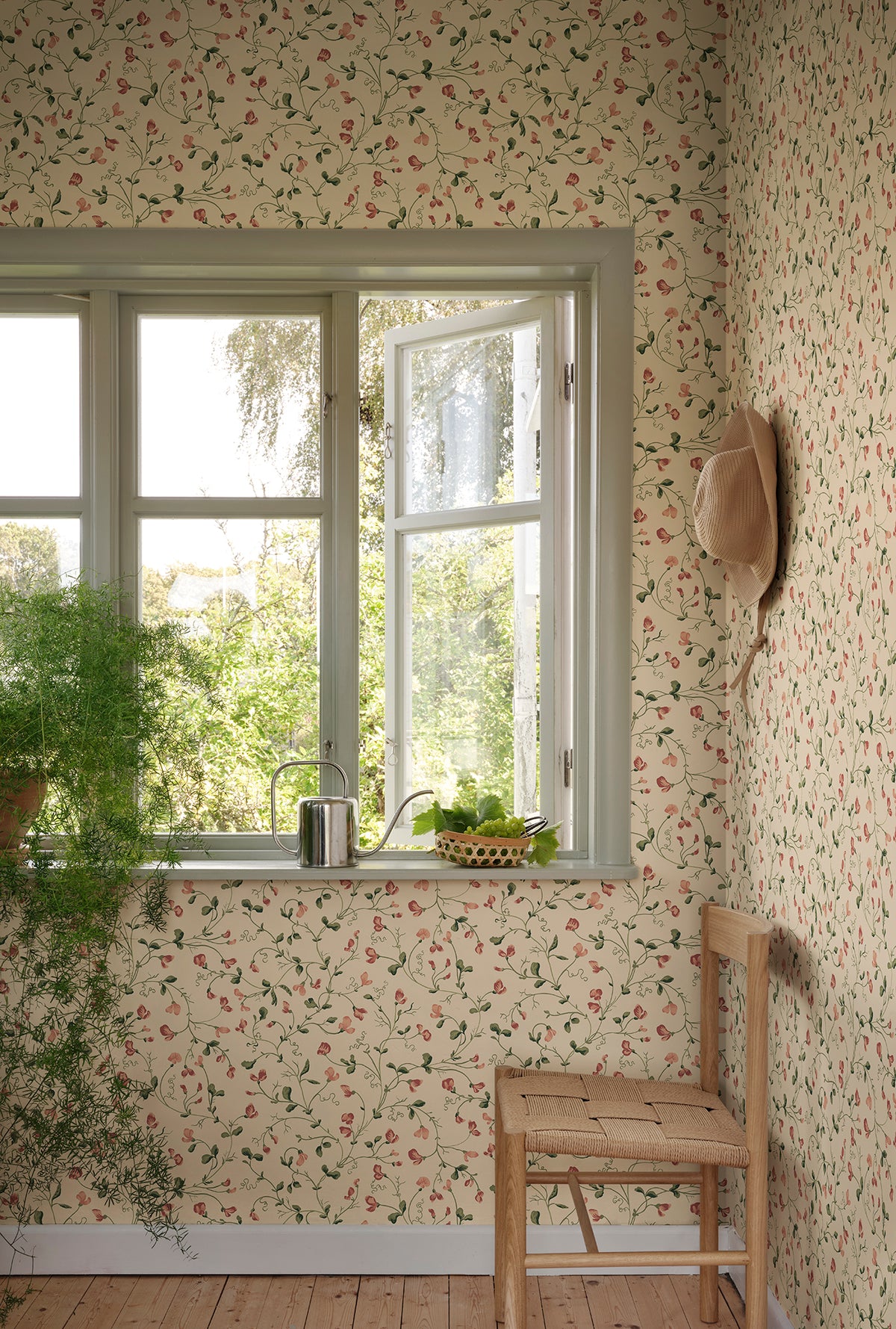 Lucy wallpaper by Sandberg in Oat, styled in a room, view 2