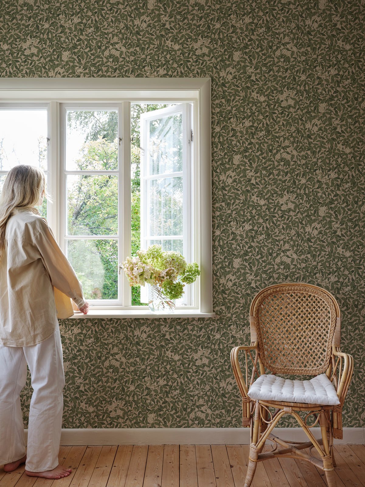 Linnea wallpaper by Sandberg in Forest Green, styled in a room, view 2