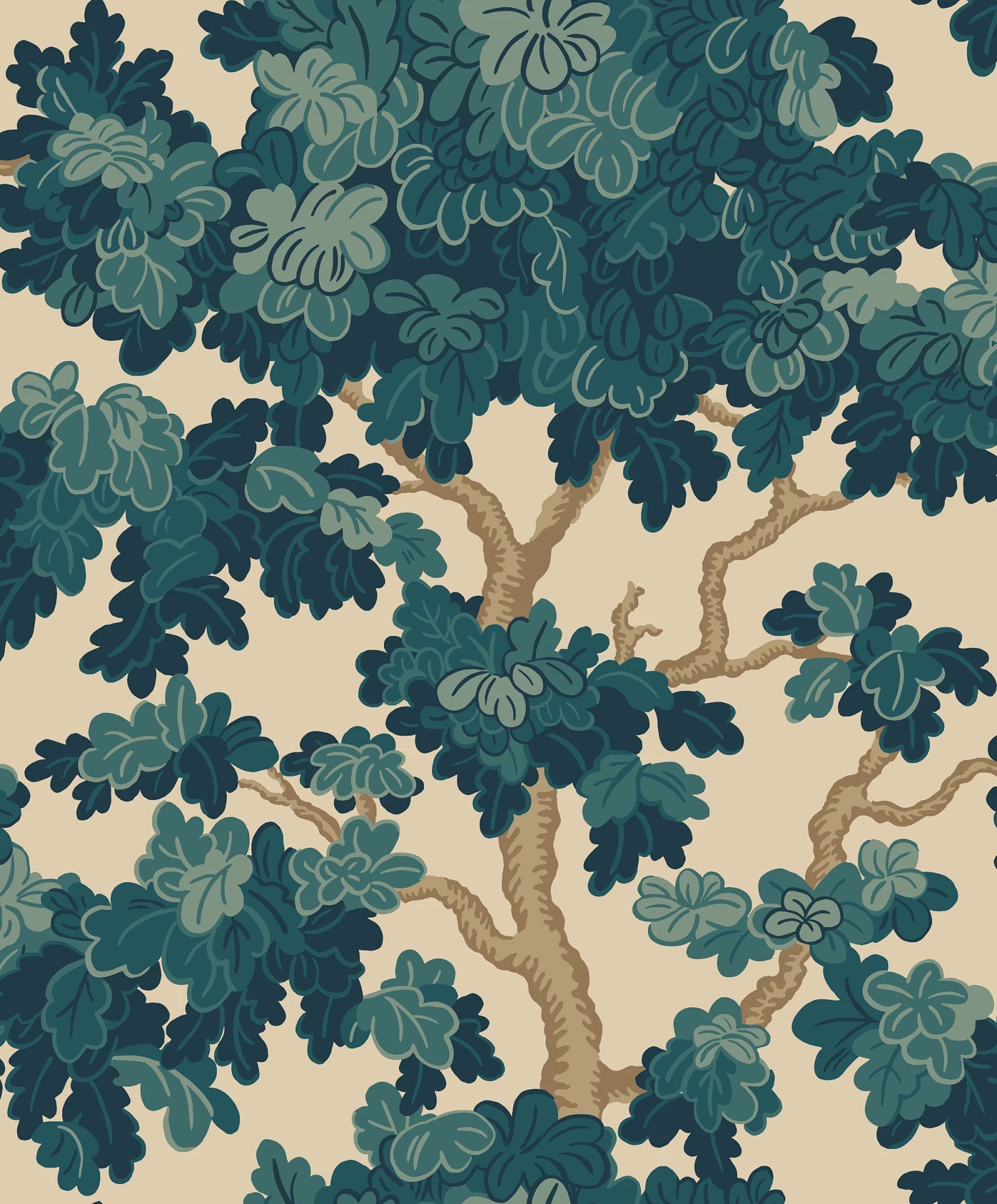 Eken wallpaper by Sandberg, flat swatch of a stylised spreading oak tree with leafy canopy in teal-petrol green on cream