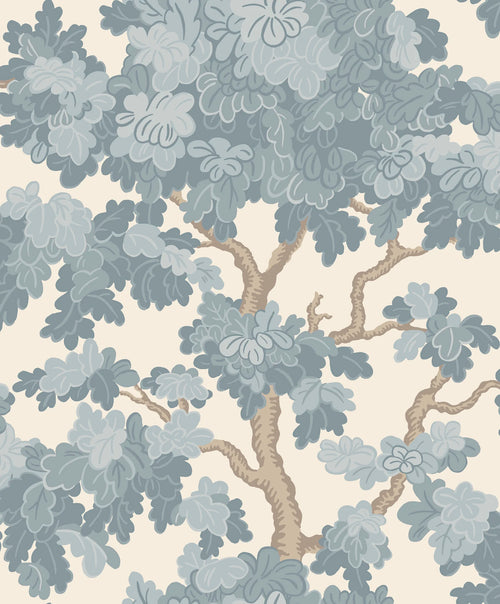 Eken wallpaper by Sandberg, flat swatch of a stylised spreading oak tree with leafy canopy in dusty blue on cream