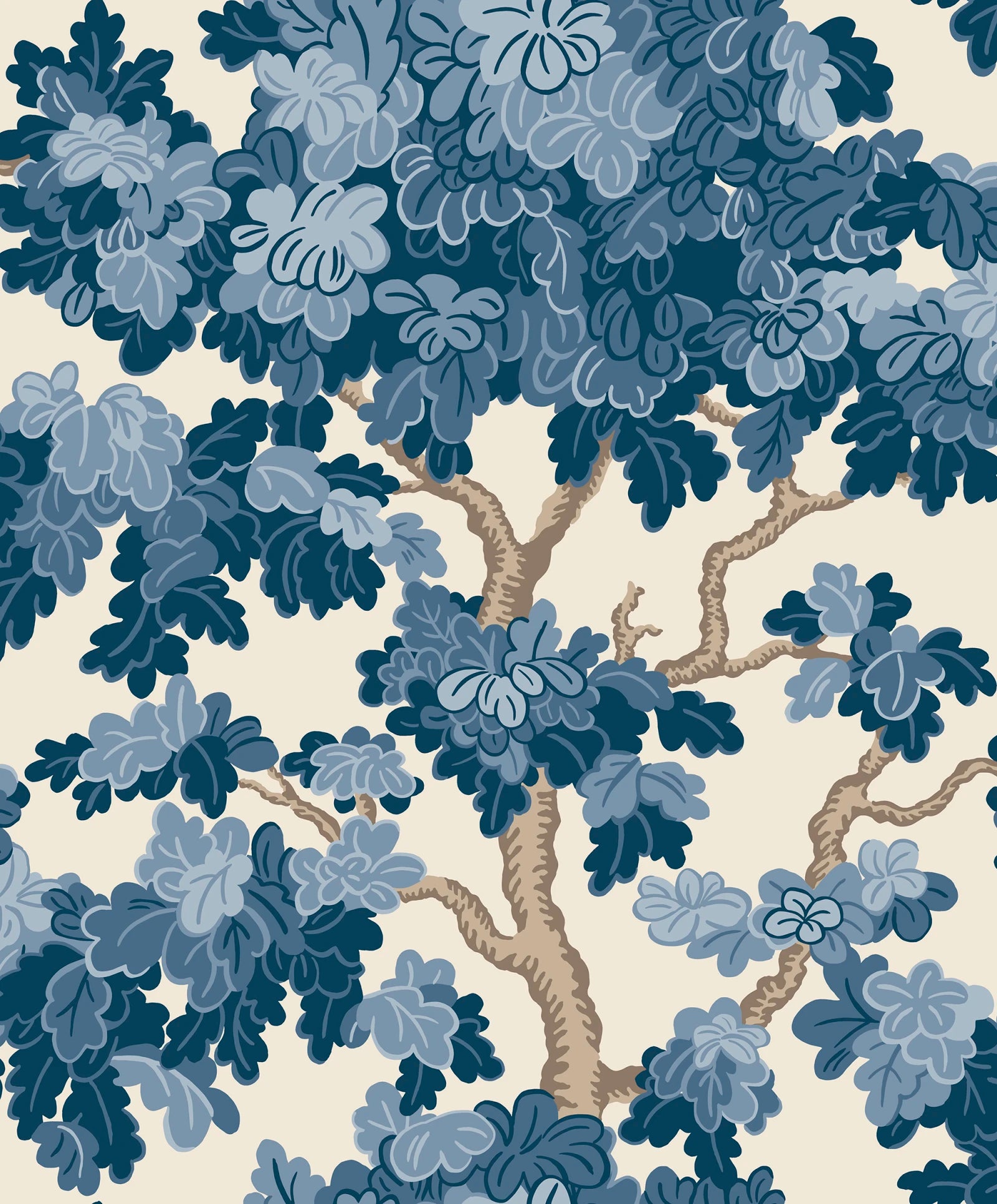Eken wallpaper by Sandberg, flat swatch of a stylised spreading oak tree with leafy canopy in deep blue on cream