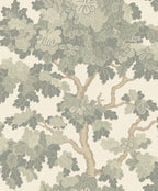 Eken wallpaper by Sandberg, flat swatch of a stylised spreading oak tree with leafy canopy in sage green on cream