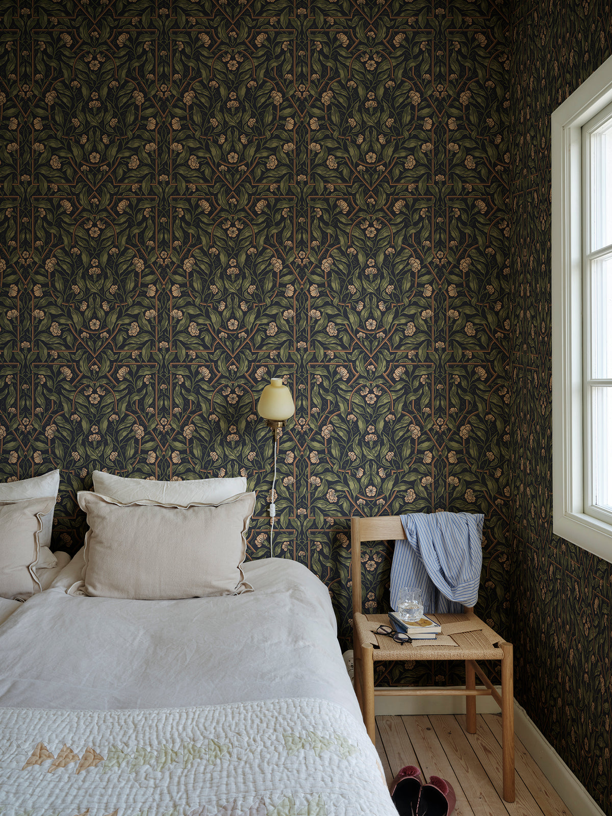 Edda wallpaper by Sandberg in Classic Blue, styled in a room, view 2