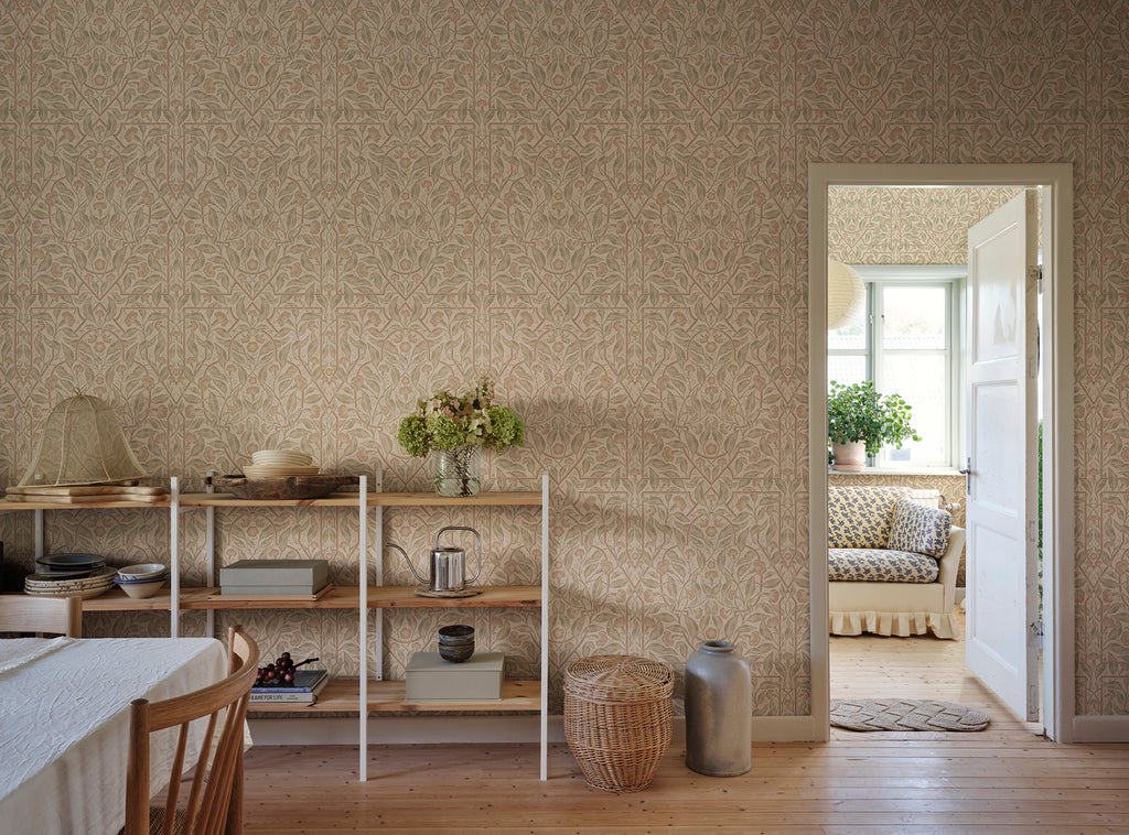Edda wallpaper by Sandberg in Beige, styled on an interior wall