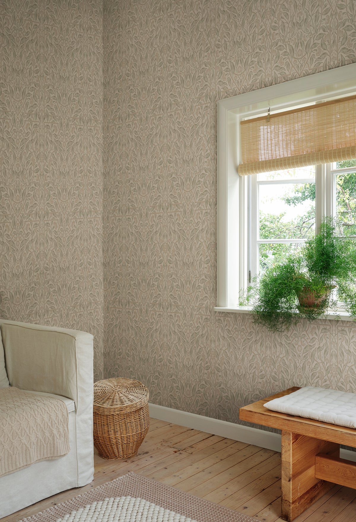 Edda wallpaper by Sandberg in Sandstone, styled in a room, view 2