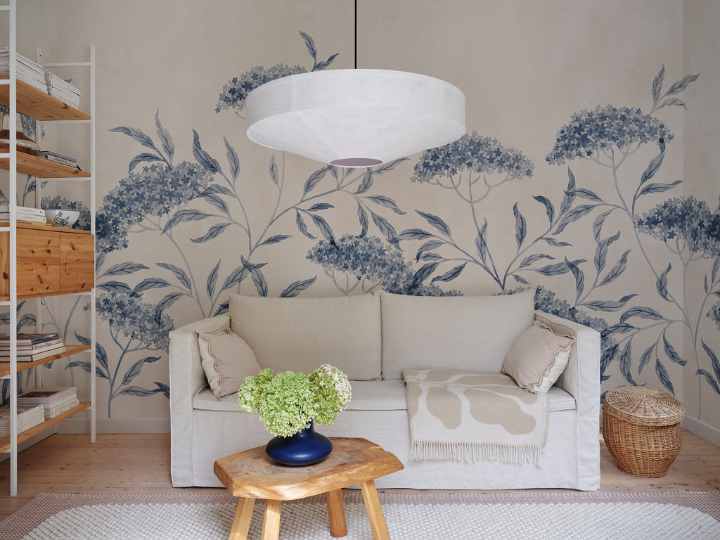 Emmalisa wall mural by Sandberg in Blue, styled on an interior wall