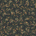Olivia wallpaper by Sandberg, flat swatch of green and tan olive branches with cream blossoms on a near-black ground