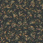 Olivia wallpaper by Sandberg, flat swatch of green and tan olive branches with cream blossoms on a near-black ground