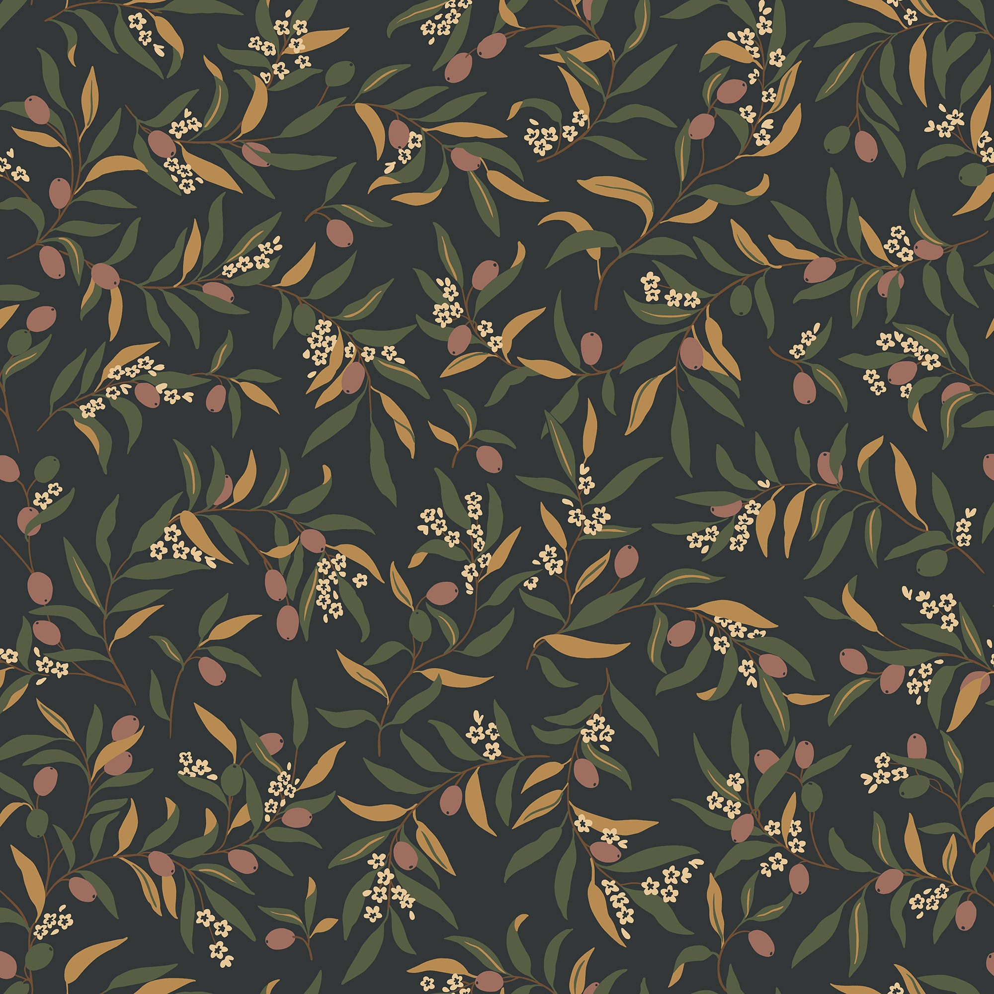 Olivia wallpaper by Sandberg, flat swatch of green and tan olive branches with cream blossoms on a near-black ground