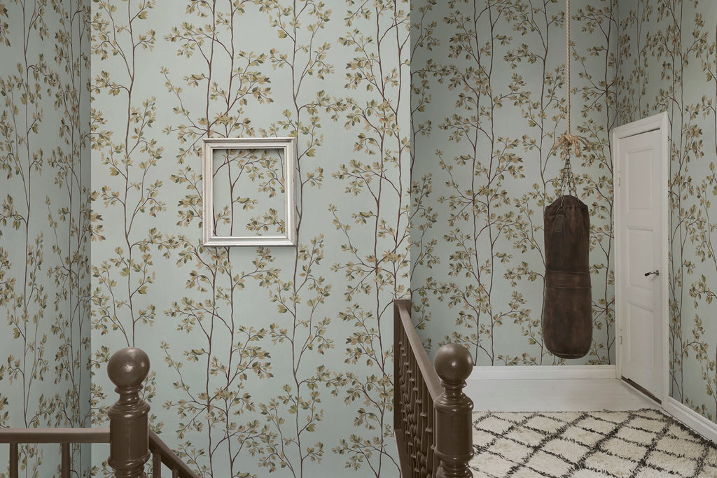 Laura wallpaper by Sandberg – botanical design, Light Blue – styled in a room setting, view 8