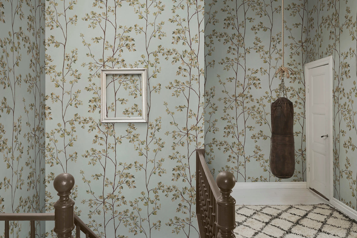 Laura wallpaper by Sandberg – botanical design, Light Blue – styled in a room setting, view 8