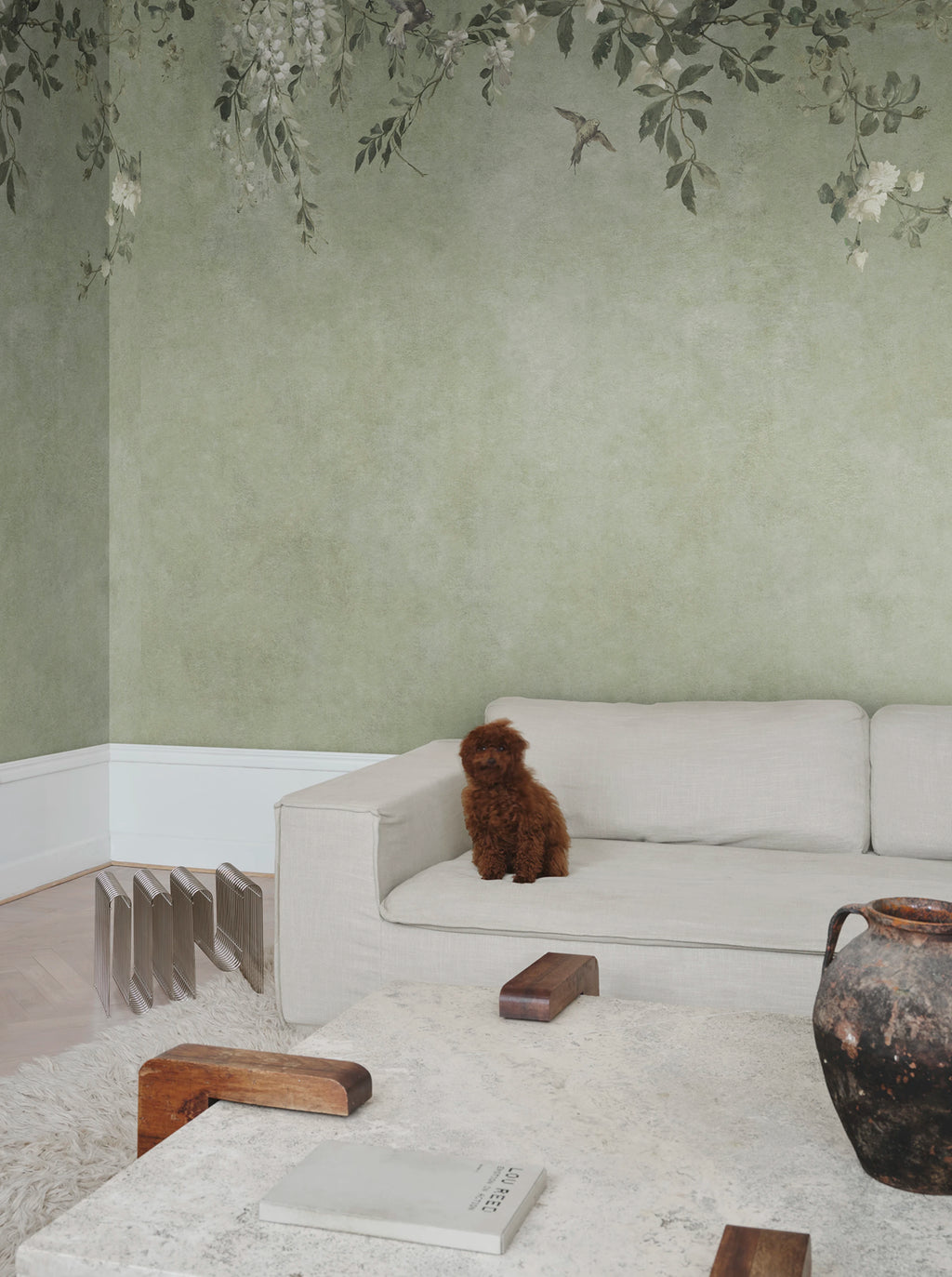 Nico wall mural by Sandberg – botanical design, Sage Green – styled in a room setting, view 5