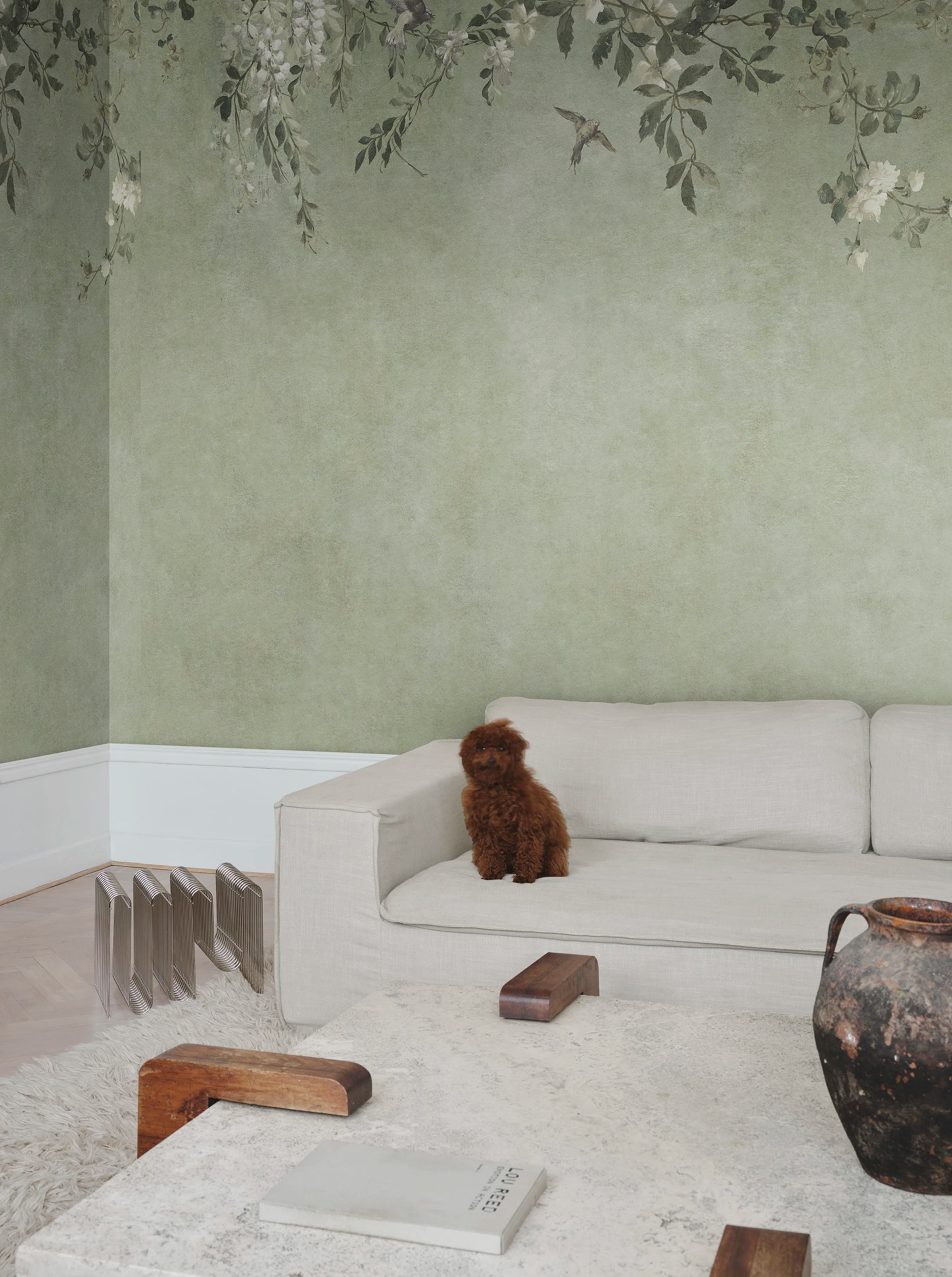 Nico wall mural by Sandberg – botanical design, Sage Green – styled in a room setting, view 5