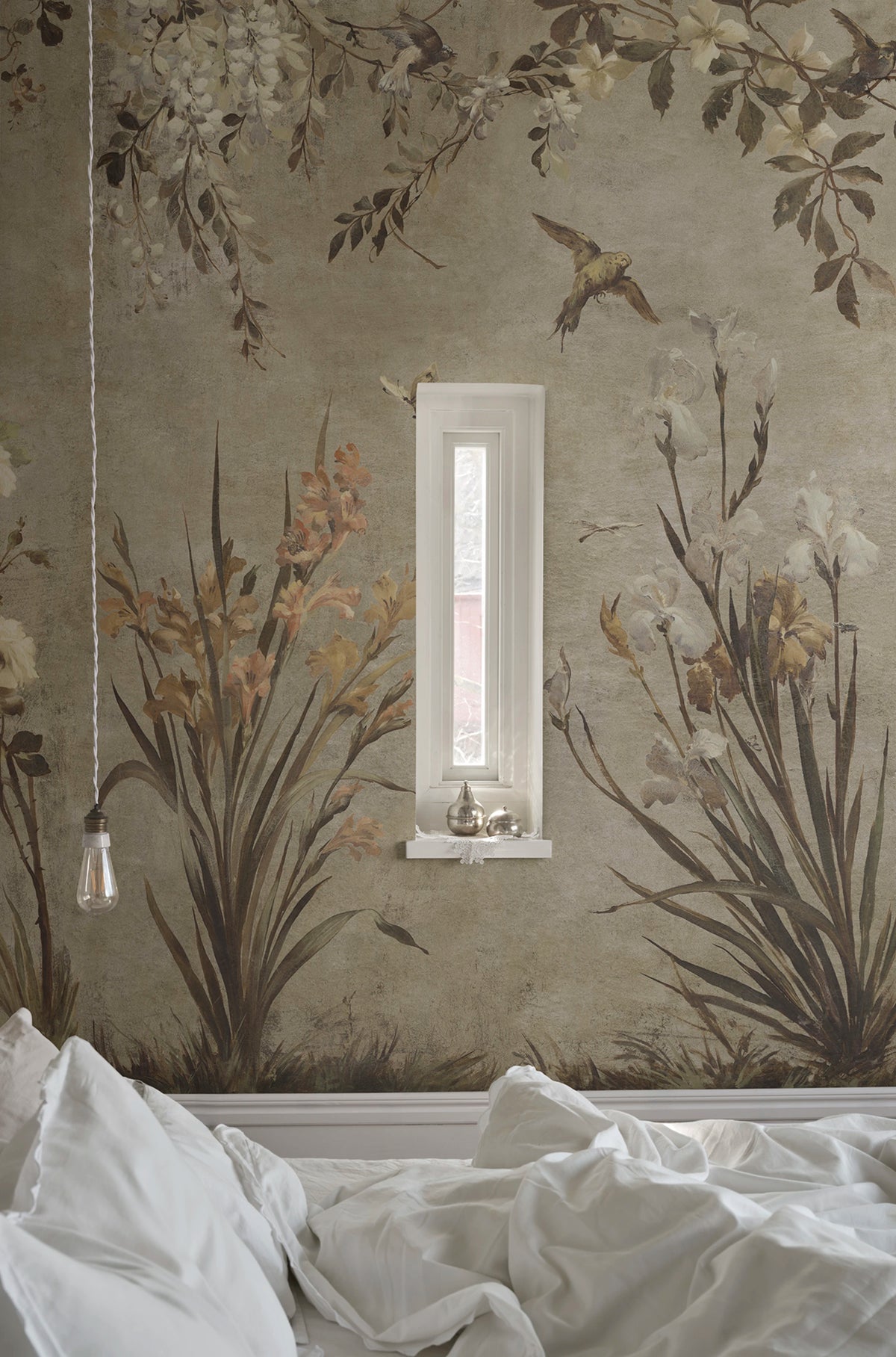 Nicola wall mural by Sandberg – floral design, Beige – styled in a room setting, view 2