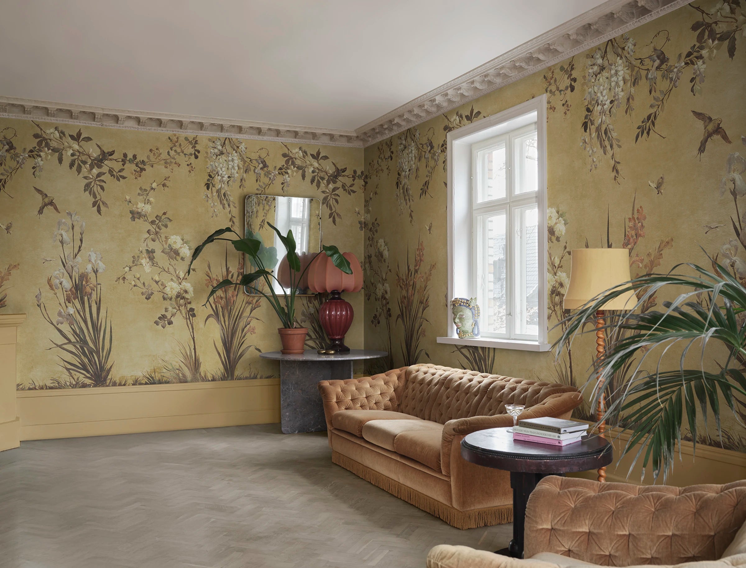 Nicola wall mural by Sandberg – floral design, Yellow – styled in a room setting, view 7