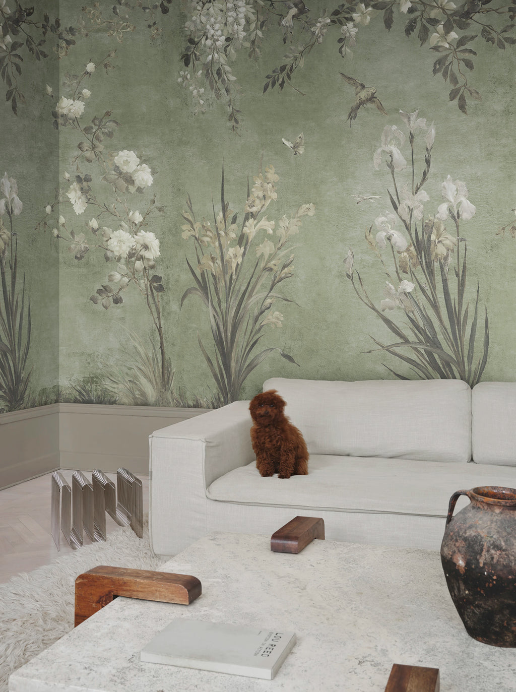 Nicola wall mural by Sandberg – floral design, Sage Green – styled in a room setting, view 5